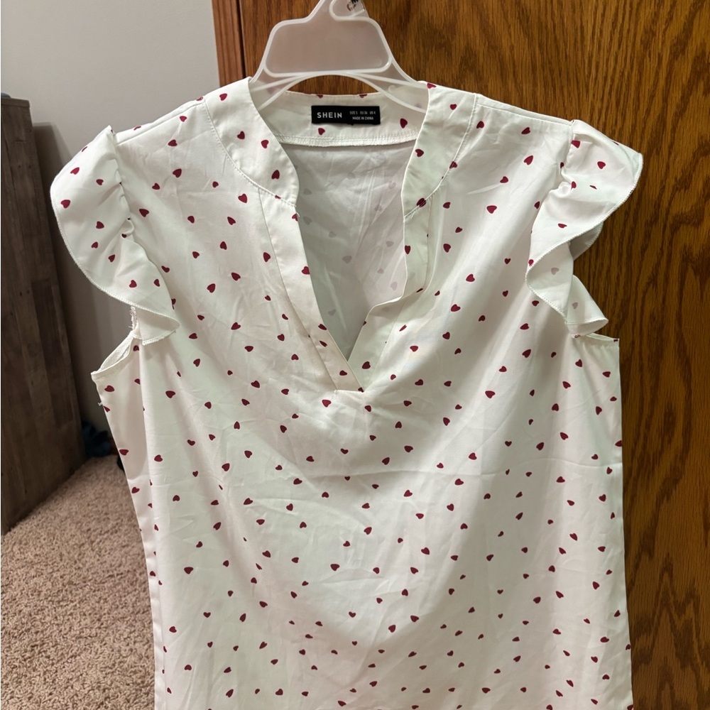 SHEIN Cream Blouse with Red Heart Pattern